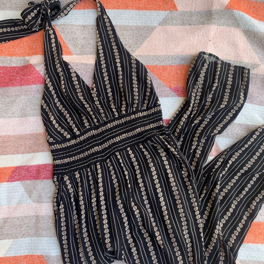 American Eagle Black Cream Floral Design Jumpsuit